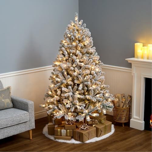 National Tree Company 6 ft Pre-Lit Flocked Acacia Artificial Christmas Tree, 300 Clear Lights, 840 Branch Tips, Includes Stand, Green