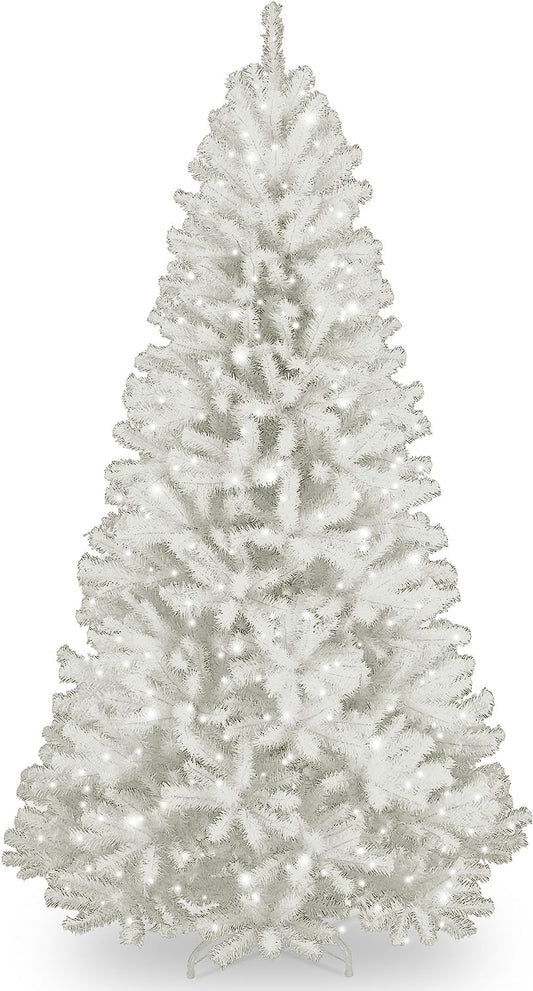National Tree Company 7 ft Pre-Lit North Valley Spruce Artificial Christmas Tree, 550 Clear Lights, 1,096 Tips, Glitter, Includes Stand, White