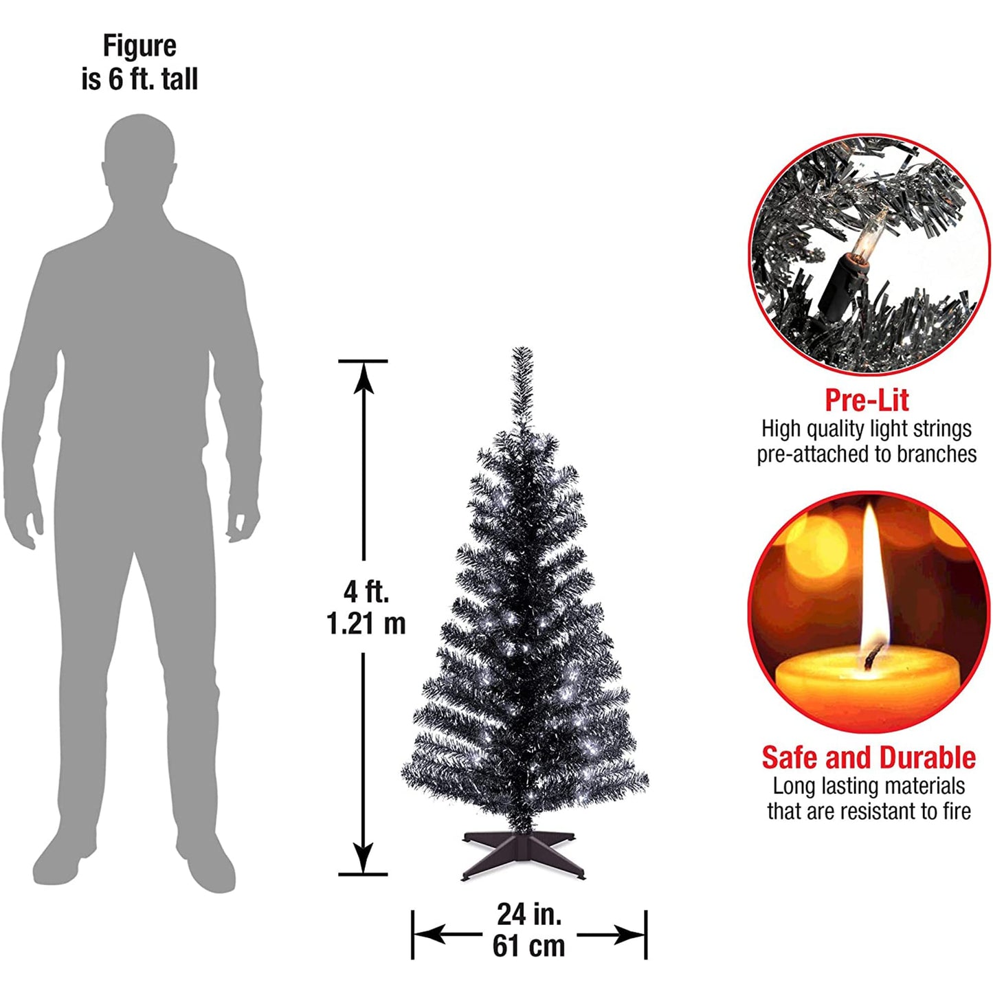 National Tree Company 4 ft Pre-Lit Mini Artificial Christmas Tree, White Iridescent Tinsel, 70 Clear Lights, 110 Tips, Includes Stand