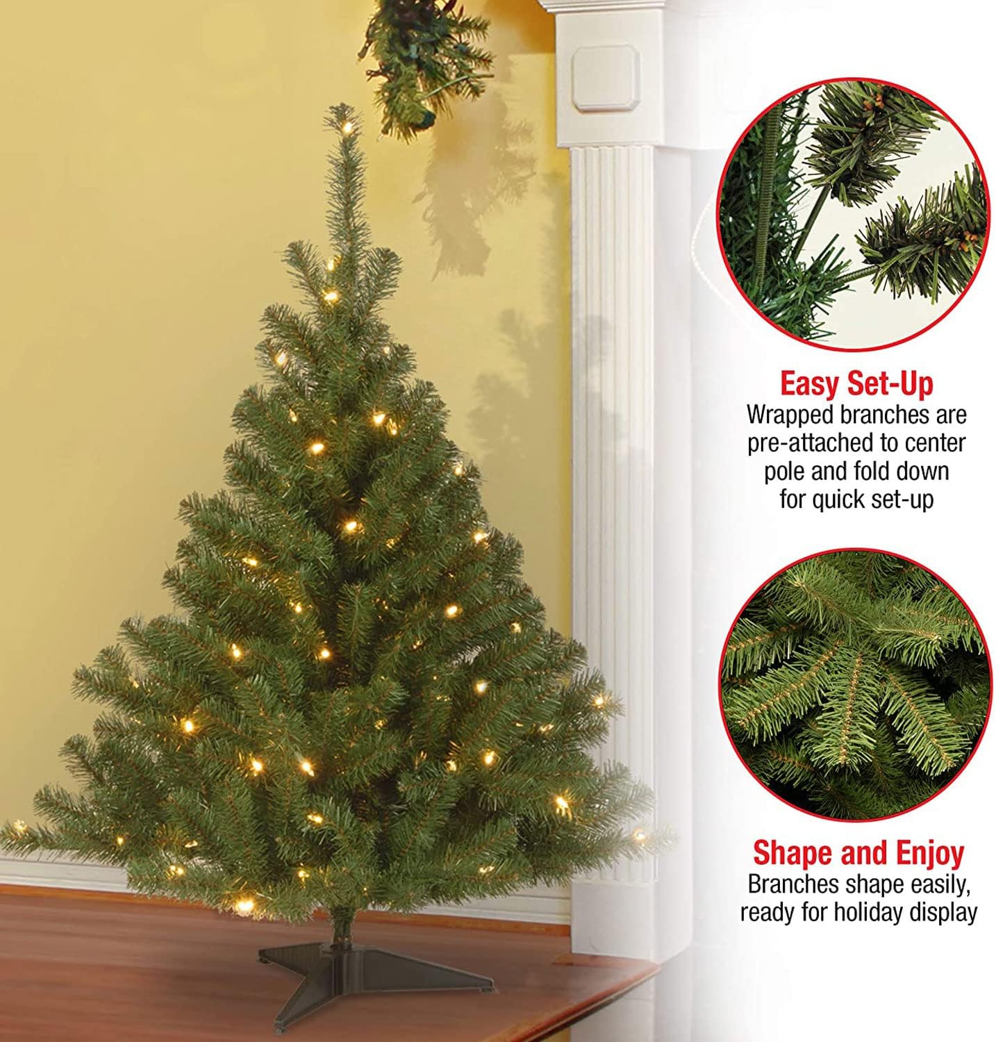 National Tree Company 4 ft Pre-Lit Kincaid Spruce Mini Artificial Christmas Tree, 100 Clear Lights, 269 Tips, Includes Stand, Green