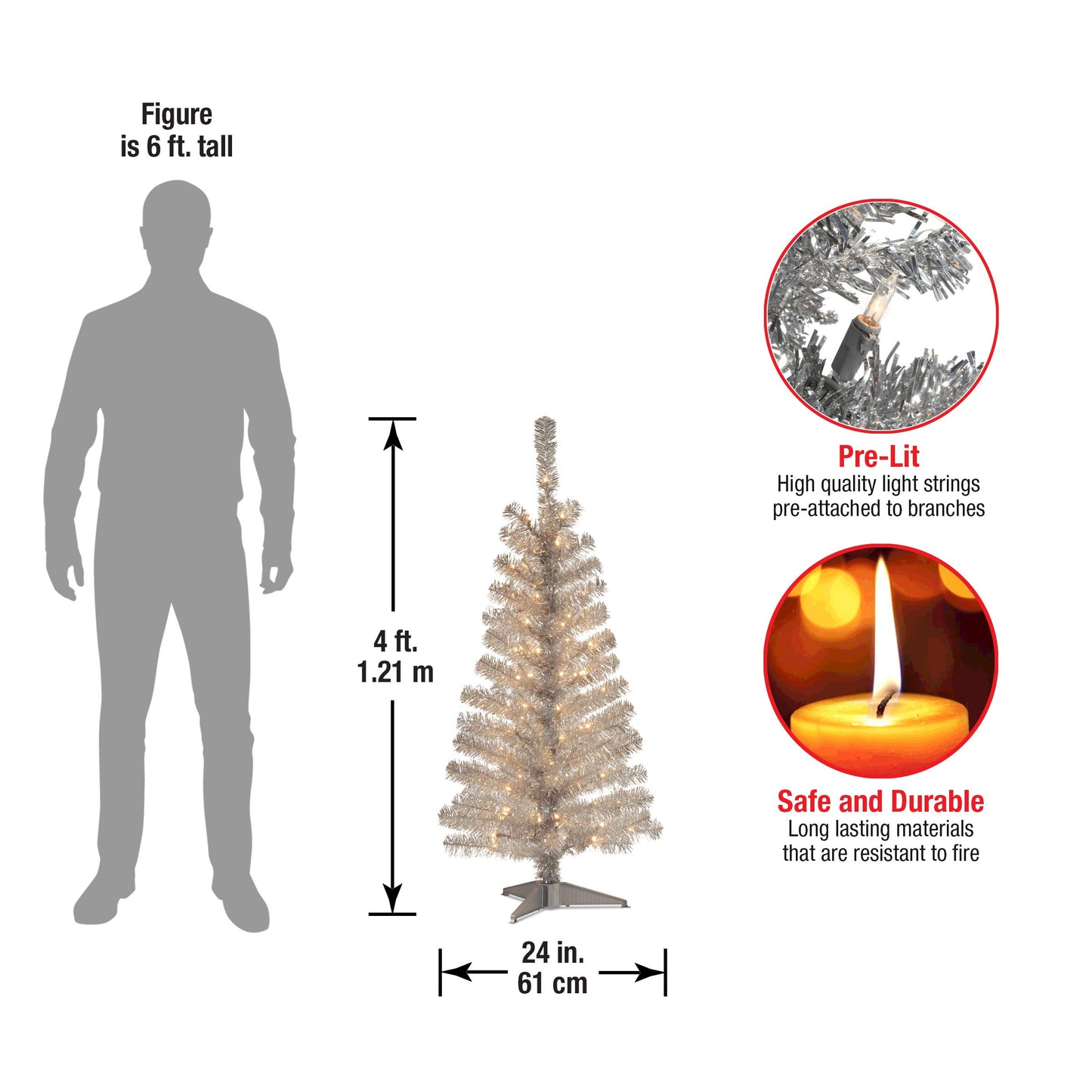 National Tree Company 4 ft Pre-Lit Mini Artificial Christmas Tree, White Iridescent Tinsel, 70 Clear Lights, 110 Tips, Includes Stand