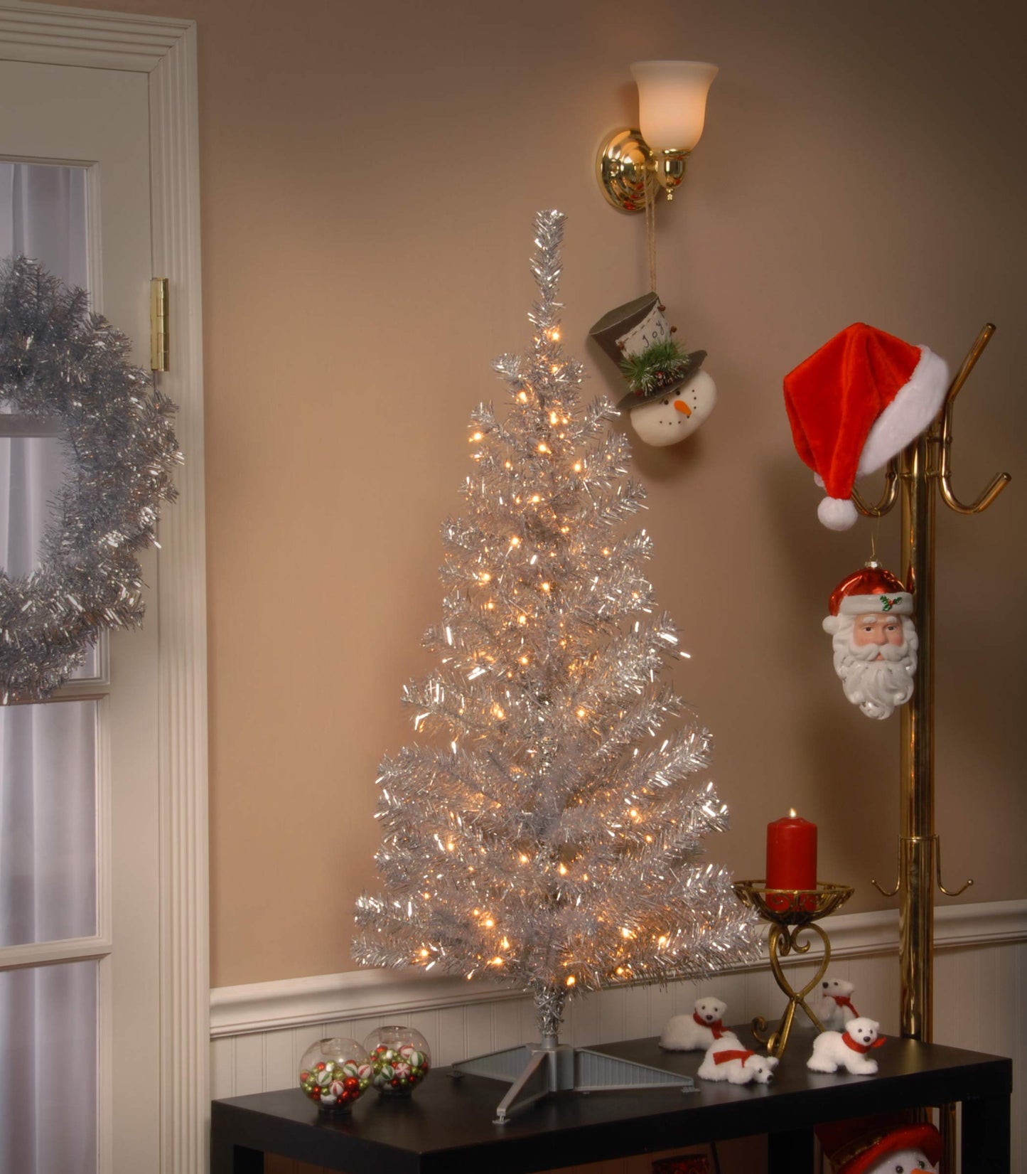 National Tree Company 4 ft Pre-Lit Mini Artificial Christmas Tree, White Iridescent Tinsel, 70 Clear Lights, 110 Tips, Includes Stand