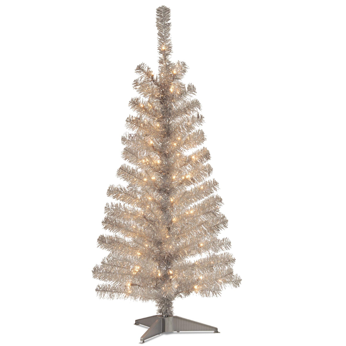 National Tree Company 4 ft Pre-Lit Mini Artificial Christmas Tree, White Iridescent Tinsel, 70 Clear Lights, 110 Tips, Includes Stand