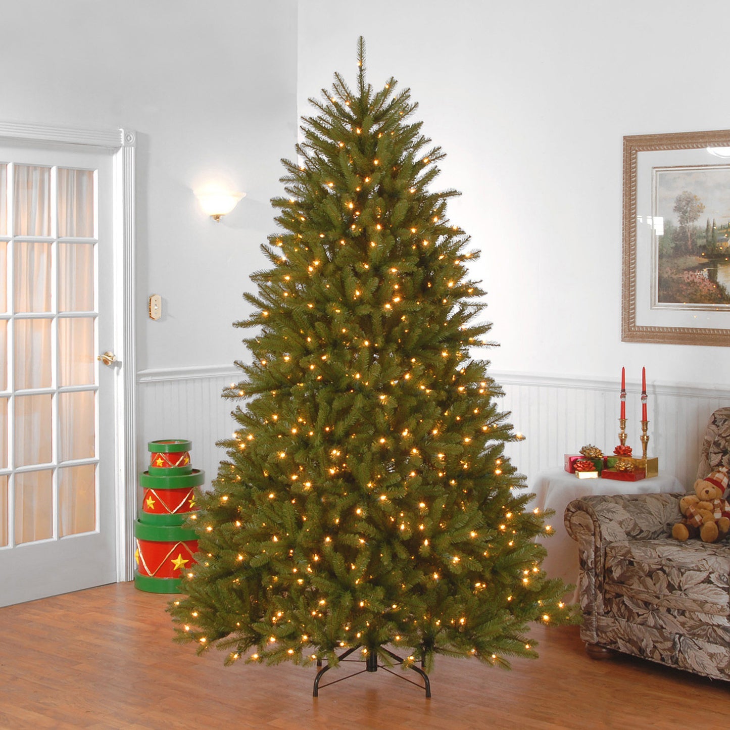 National Tree Company 10 ft Pre-Lit Dunhill Fir Full Artificial Christmas Tree, 1,200 LED Lights, 5,090 Tips, Foot Pedal, 10 Light Functions, Includes Stand, Green