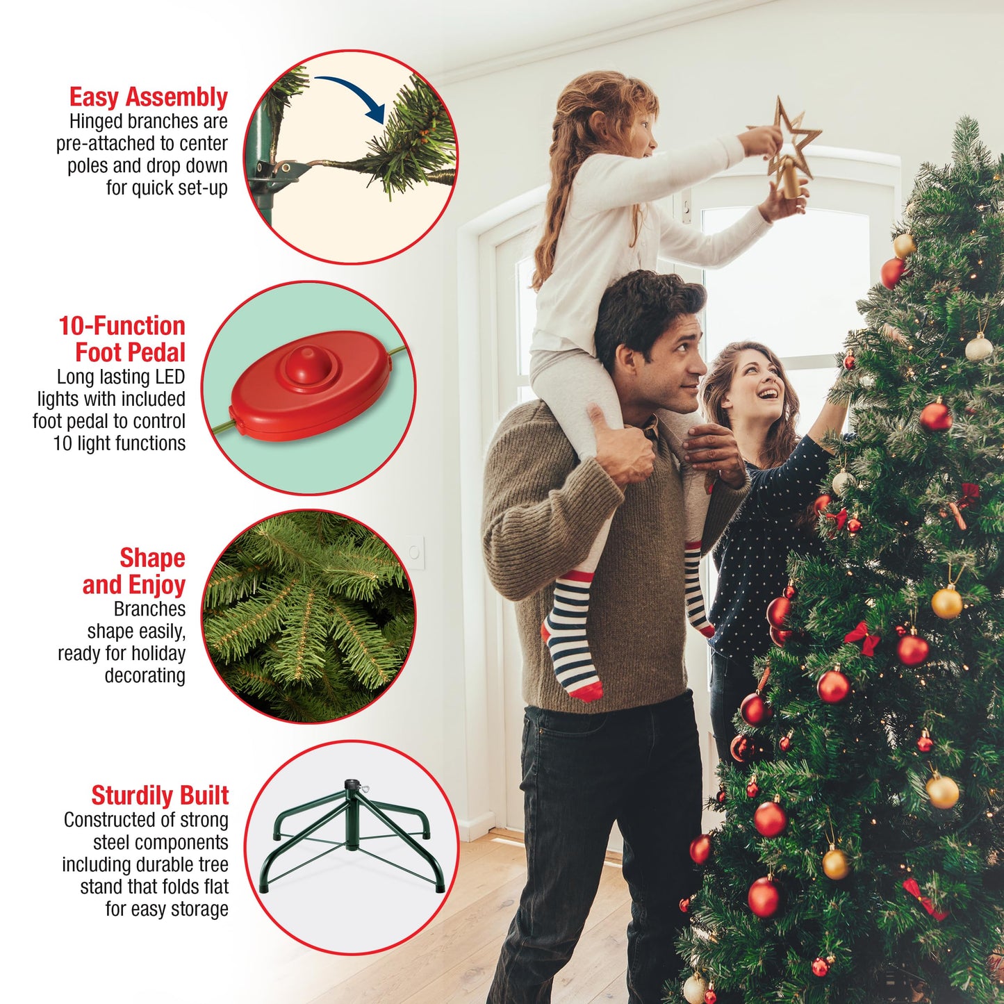 National Tree Company 10 ft Pre-Lit Dunhill Fir Full Artificial Christmas Tree, 1,200 LED Lights, 5,090 Tips, Foot Pedal, 10 Light Functions, Includes Stand, Green