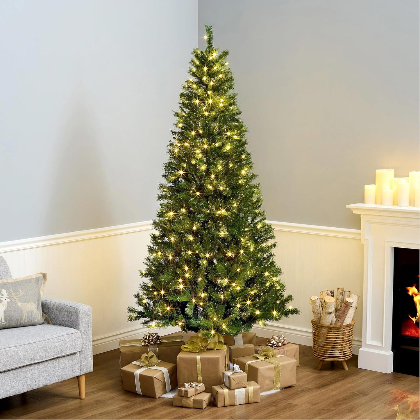 National Tree Company 7.5 ft Pre-lit Artificial Christmas Tree, Slim Winchester Pine, 350 LED Lights, 1,000 Branch Tips, Includes Stand, Green