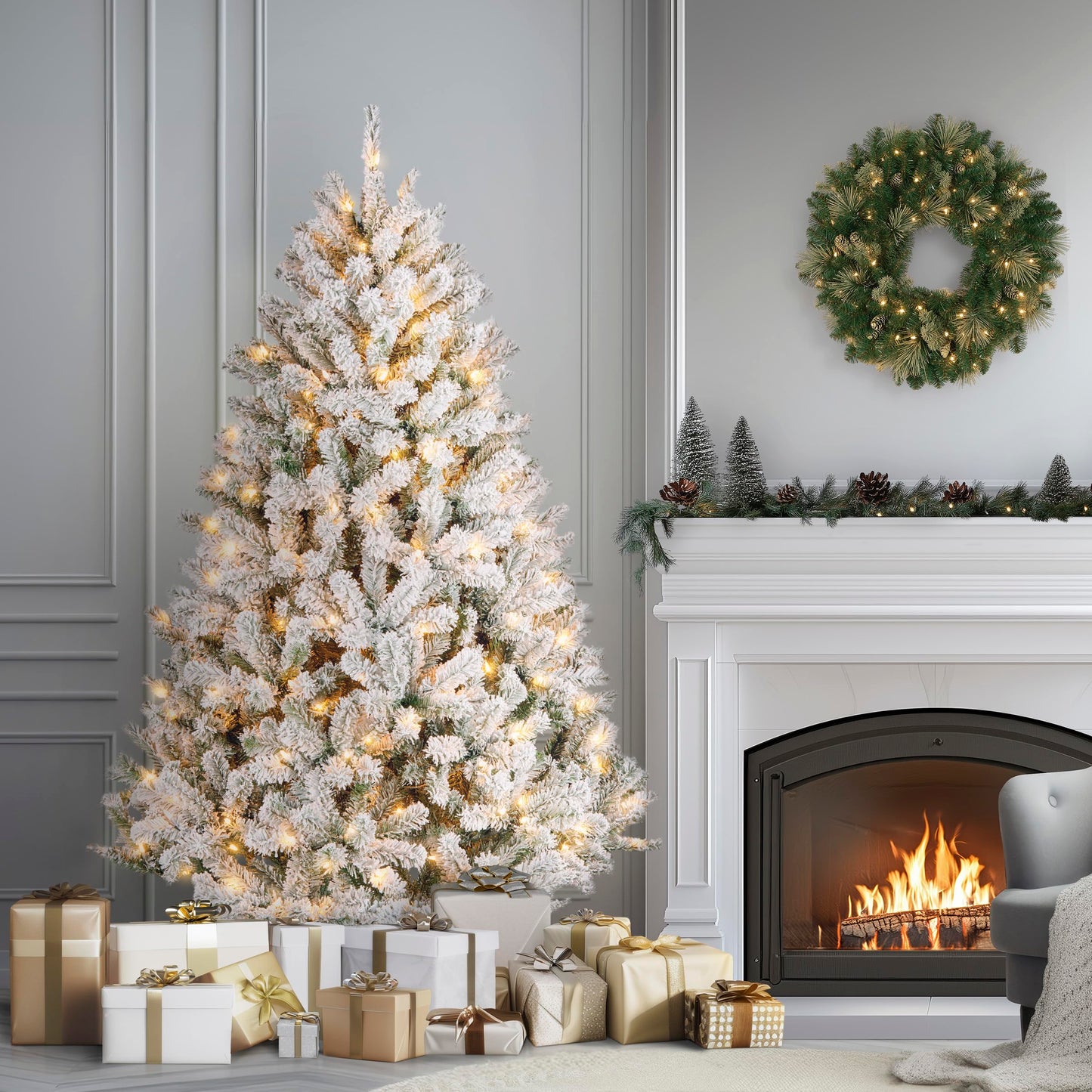 National Tree Company 6 ft Pre-Lit Flocked Acacia Artificial Christmas Tree, 300 Clear Lights, 840 Branch Tips, Includes Stand, Green