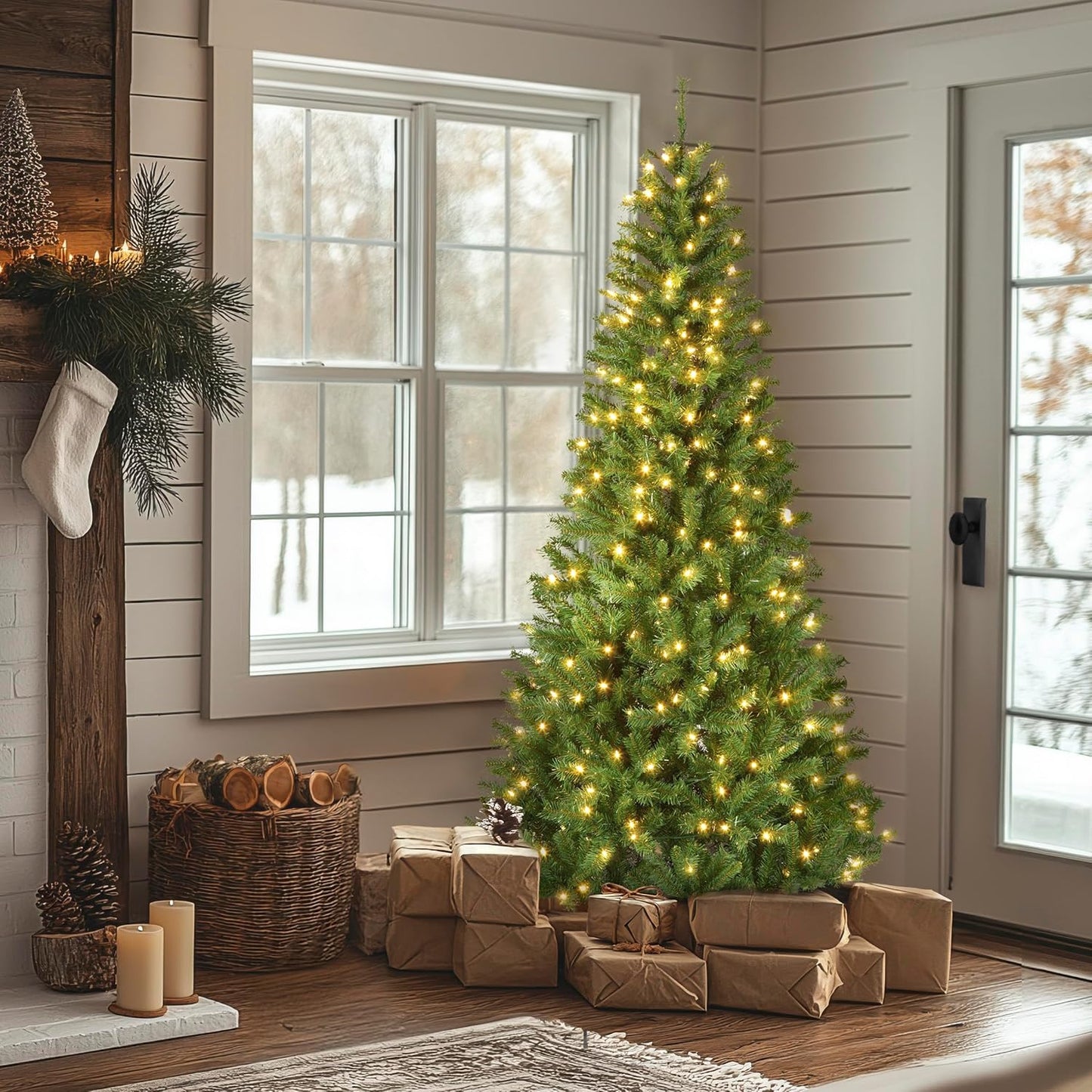 National Tree Company 7.5 ft Pre-lit Artificial Christmas Tree, Slim Winchester Pine, 350 LED Lights, 1,000 Branch Tips, Includes Stand, Green