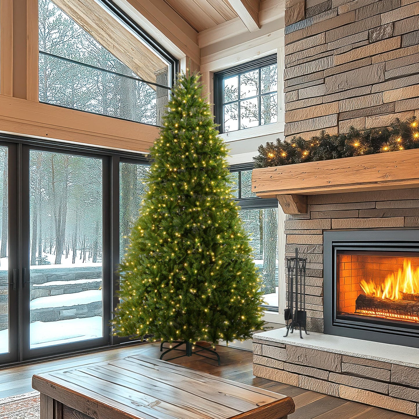 National Tree Company 10 ft Pre-Lit Dunhill Fir Full Artificial Christmas Tree, 1,200 LED Lights, 5,090 Tips, Foot Pedal, 10 Light Functions, Includes Stand, Green